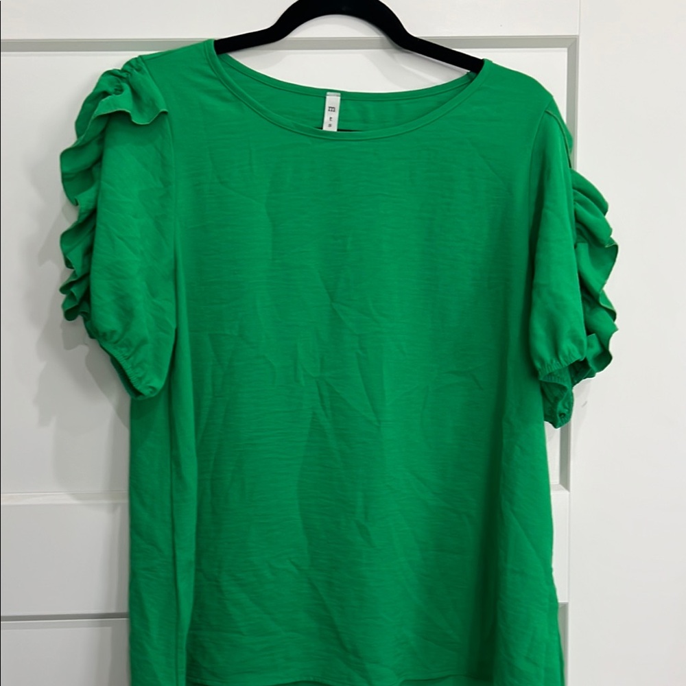 MTS Green Ruffle Sleeve Top